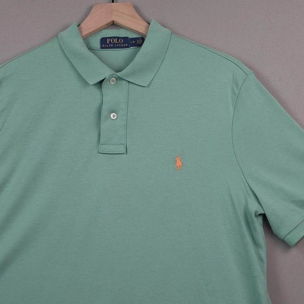Polo Ralph Lauren Mens L Sage Green Jersey Cotton Polo Shirt Peach Pony Golf Top